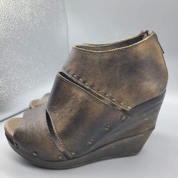 Bed Stu Open Toes shoes brown distressed leather Booties wedge back zip Sz 8 - Picture 5 of 9
